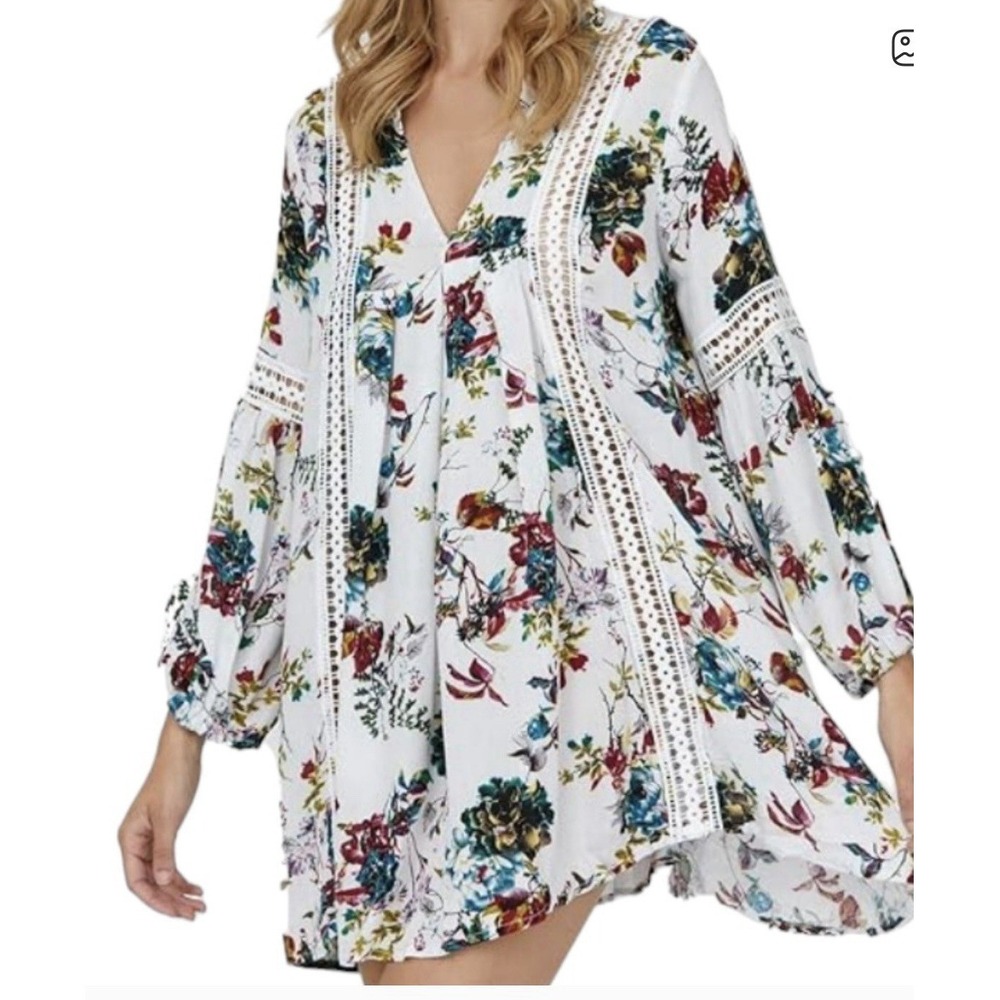 R Vivimos Floral Mini Tent Dress Sz L White Red Embroidered Lace Boho Prairie